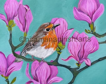 Original Oil Painting of Robin Bird and Magnolia Flowers, Framed Deep Edge Canvas Art, Living or Office Room art, Kitchen Wall Hanging decor