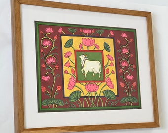 Framed original Indian folkart painting, cow and lotus interior art, home decor, traditional and ancient painting