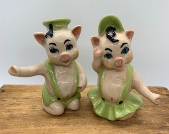 Anthropomorphic Ceramic Art Studio Pig/Piglet Boy Girl Salt and Pepper Shaker Set