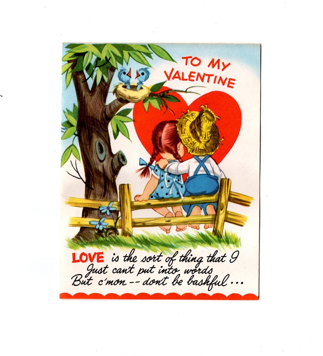 Valentines Day Card Unsigned Mechanical Moving Bluebirds /kids on Fence