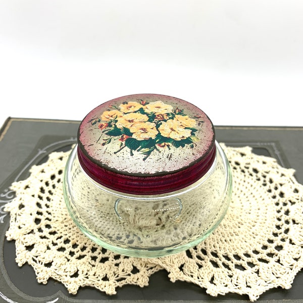 Vintage Jelly /Quince Jar Yellow Floral Lid Shabby Shic Goodman Bros. 1940's Crafts Vanity Jar Home Decor