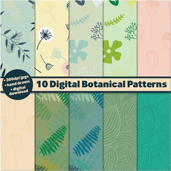 Botanical Digital Paper Pack Bundle with Leaves Flowers Tulips Ferns Hostas Patterns
