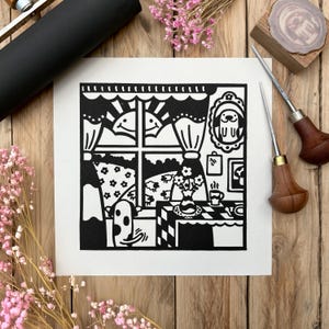 Let&#39;s Go Outside! - Dog Lino print - Handmade Linocut original print