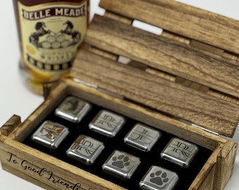 Engraved Stainless Steel Whiskey Stones — Personalized Wooden Box Gift Set for Him