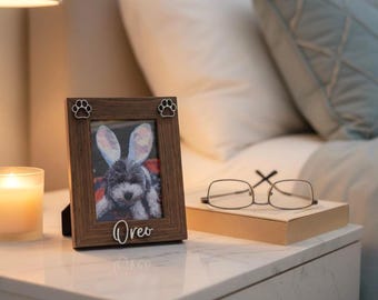 Personalized Mini Pet Frame | Custom Dog Cat Name, Rustic Wood, Paw Print Detail