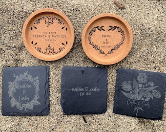 Personalized Coaster Bundle — Custom Slate Cork Vegan Leather — Wedding Favor Housewarming Gift