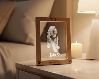 LED Pet Picture Frame, Custom Laser Engraved Dog Cat Name Paw Print, Personalized Photo Frame, Pet Memorial Gift, Night Light 9x6