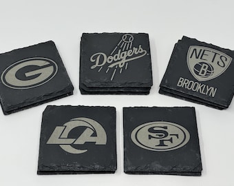 Sports Team Coasters, Personalized Engraved Slate Set, Fan Gift, Custom Bar Decor