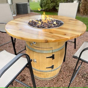 Rustic Wine Barrel Fire Pit Table – Propane Fire Table with Cedar Top, Bar Height, Hidden Tank Storage, Outdoor Patio Barrel Table