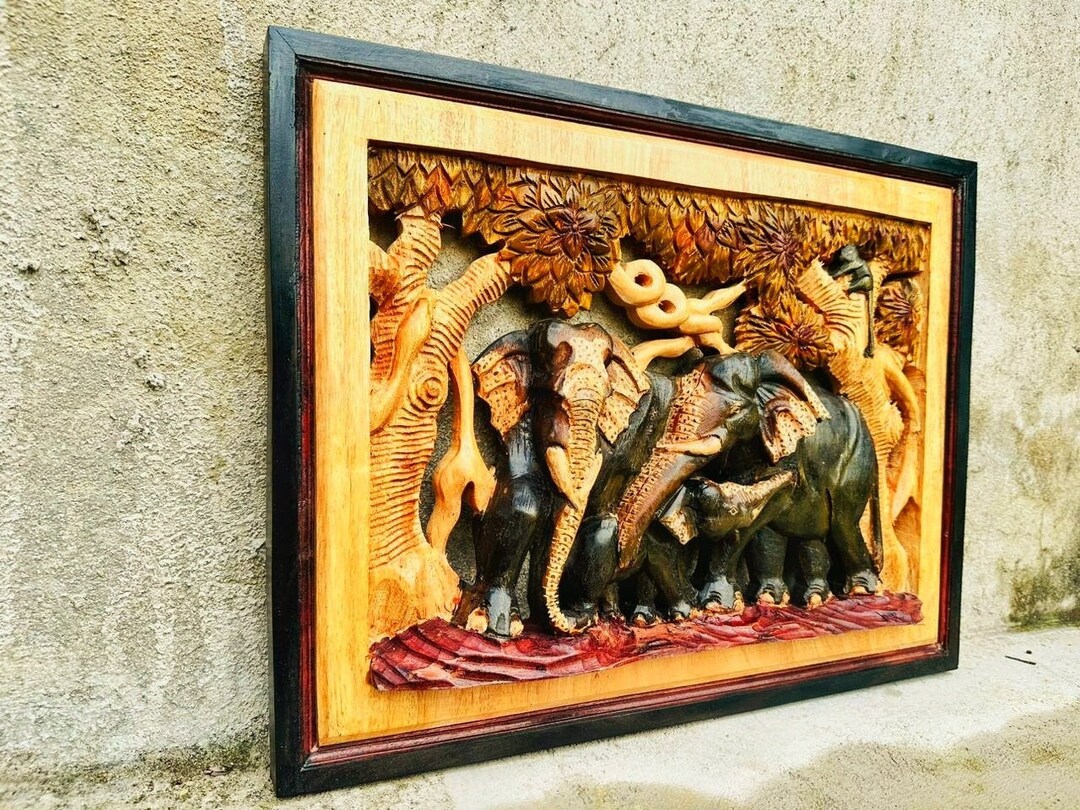 Wood Elephant Family Wall Decor Wood Carving Elephant Wall Art Hand