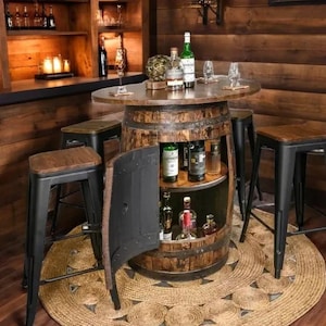 Whiskey Barrel Pub-tafelblad en ingebouwde drankenkast – handgemaakt van gerecyclede eikenhouten vaten