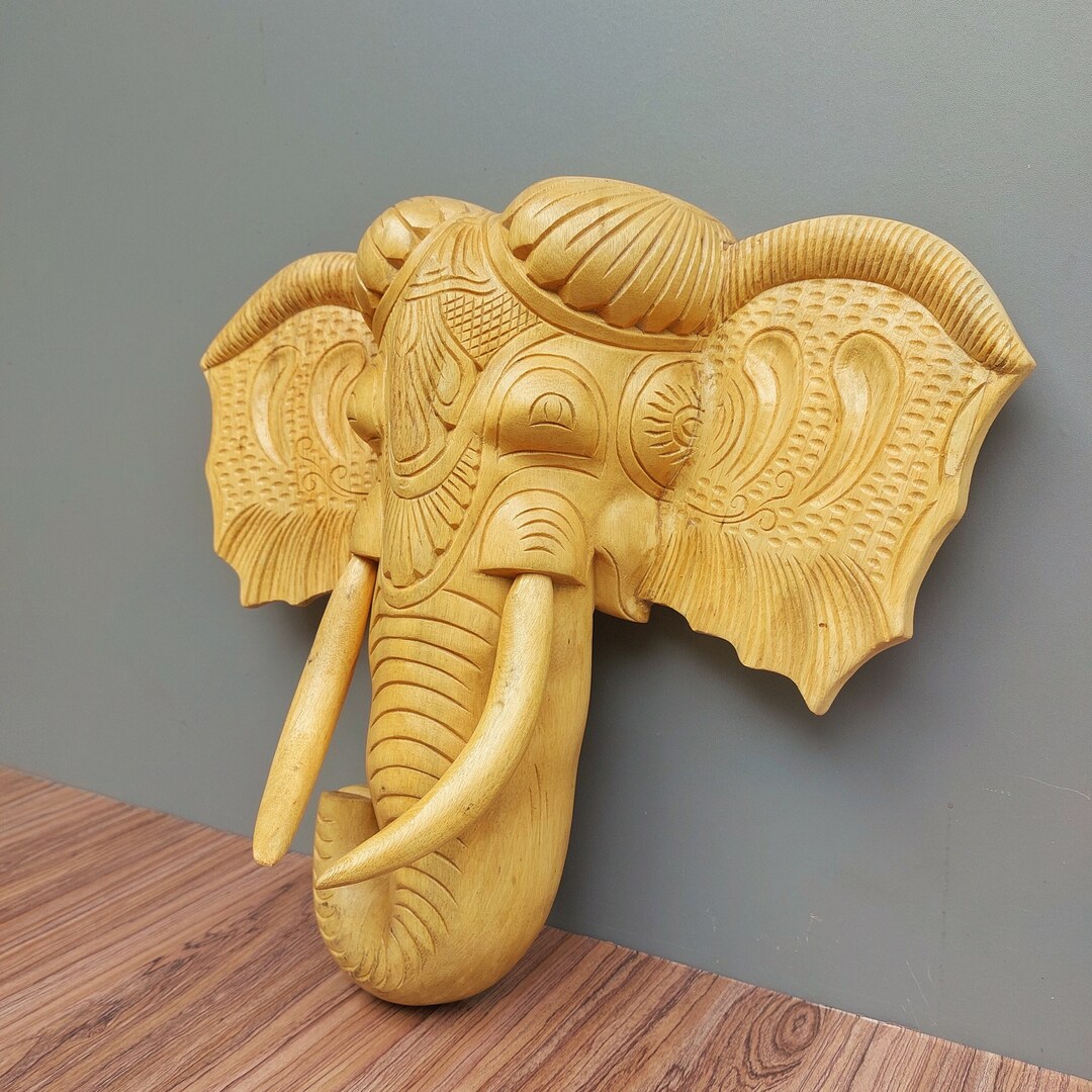 Wooden Elephant Head Wall Mount Wooden Elephant Head Wood Etsy