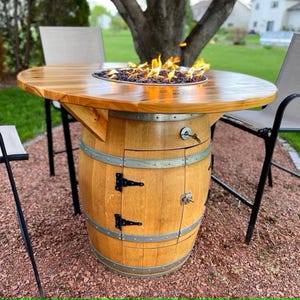 Rustic Wine Barrel Fire Pit Table – Propane Fire Table with Cedar Top, Bar Height, Hidden Tank Storage, Outdoor Patio Barrel Table