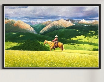 Cowboy Horse Landscape Painting, Original Western Canvas Art, Mountain Nature Wall Decor For Horse Lovers