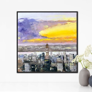 new york sunset painting on canvas, impasto new york skyline painting, small street art oil painting, new york city painting, cityscape art