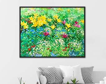 Yellow Lilies Oil Painting: Large Impressionist Floral Garden Art