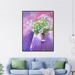 abstract still life painting, large floral still life, white flower wall art, colorful bouquet painting, original colorful painting