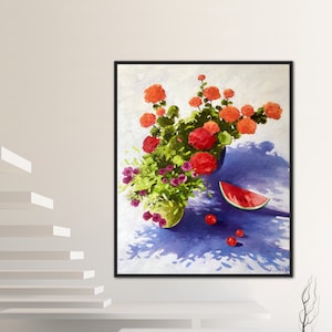 abstract still life painting, large floral still life, white flower wall art, colorful bouquet painting, original colorful painting