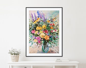 Original Floral Oil Painting: Colorful Abstract Still Life, Impressionism Style