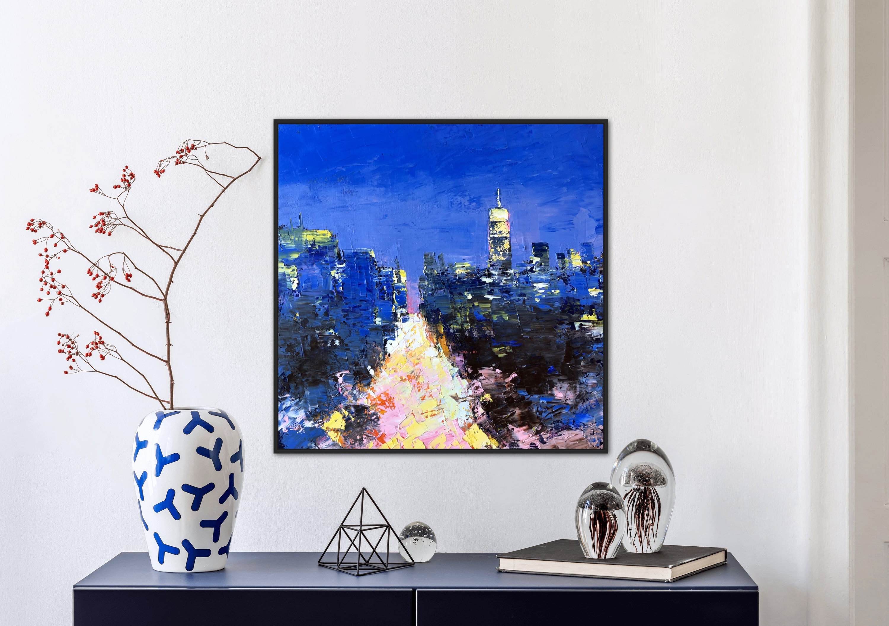 ニューヨークのオリジナル油絵：ニューヨークの夜景、16 x 16インチ