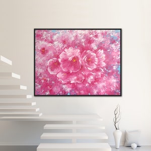 Large pink blossom tree art, Sakura blossom painting, pink cherry wall art, spring garden painting, pink flowers, gift ideas