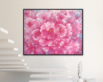 Pintura al óleo de un gran árbol de flores rosas - Arte mural de cerezos sakura