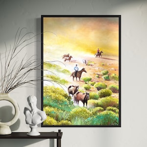 Cowboy horse painting on canvas, Montana canvas art, western landscape cowboy painting, cowboy artwork, wild horse oil painting