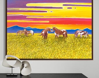 Wild horse painting on canvas, horse oil painting, western oil painting, colourful horse, modern horse art, wildlife landscape, horse lover