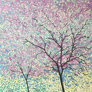 Pink blossom tree painting on canvas, blooming wall art, cherry tree painting, landscape garden painting, spring flower painting