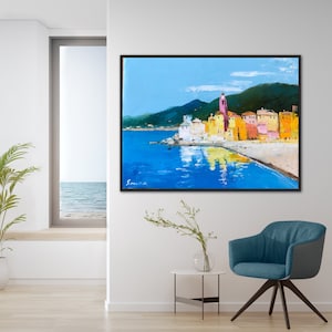 impasto cityscape painting, travel italian artwork, colorful coast painting, large amalfi oil painting, italy gift