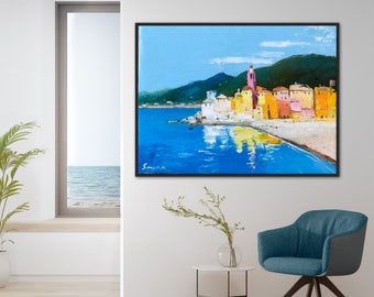 Amalfiküste Ölgemälde, Italienisches Küstendorf Kunst, Original Mittelmeer Landschaft, Bunte Reise Wanddekoration