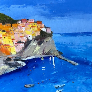 impasto cityscape painting, travel italian artwork, colorful coast painting, large amalfi oil painting, italy gift