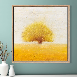 Abstract Yellow Tree Oil Painting on Canvas: Four Seasons Art (20x20in)