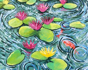 Original Koi Fish Oil Painting on Canvas: Waterlily Pond Art (36x24in)