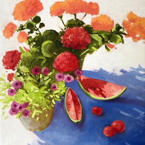 abstract still life painting, large floral still life, white flower wall art, colorful bouquet painting, original colorful painting
