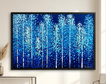 Blauw winterbos schilderij, kunst aan de muur berkenboom, groot natuur canvas, origineel landschapsdecor