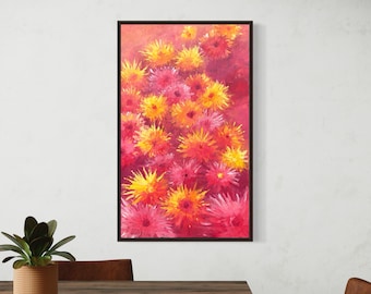 Yellow Dahlia Oil Painting on Canvas: Modern Floral Wall Art (36x22in)
