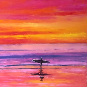 Sunset Surfer Oil Painting on Canvas: Abstract Beach Art (28x24in)