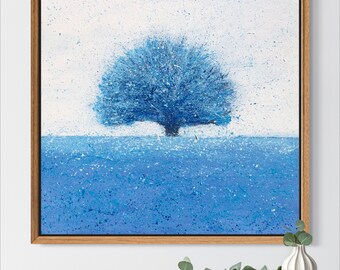 Original Abstract Blue Tree Oil Painting on Canvas - Winter Art