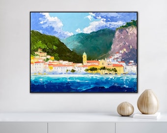 positano coast painting, italian travel artwork, portofino italy painting, small impasto painting, colorful painting, gift for him