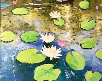 Original Duck Pond Oil Painting: Waterlily & Koi Fish Art (36x24in)