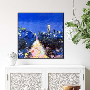 Original NYC Oil Painting: New York Night Cityscape, 16x16 in