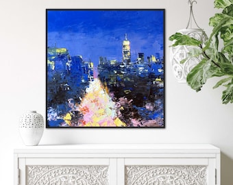 Original NYC Oil Painting: New York Night Cityscape, 16x16 in
