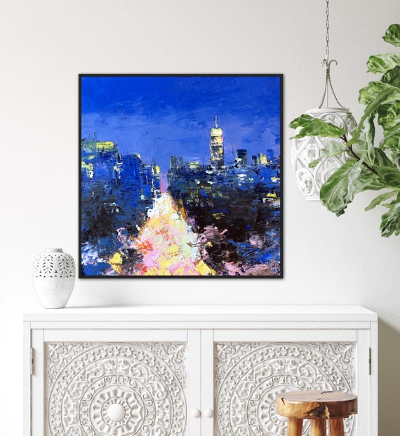 ニューヨークのオリジナル油絵：ニューヨークの夜景、16 x 16インチ