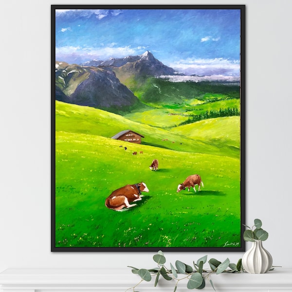 Swiss Mountain Village Landscape Painting, Alpine Charm and Serenity, Mountain Hideaway Tranquil Village Painting in Swiss Alpine Setting