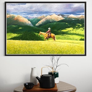 Cowboy horse painting on canvas, Montana canvas art, western landscape cowboy painting, cowboy artwork, wild horse oil painting
