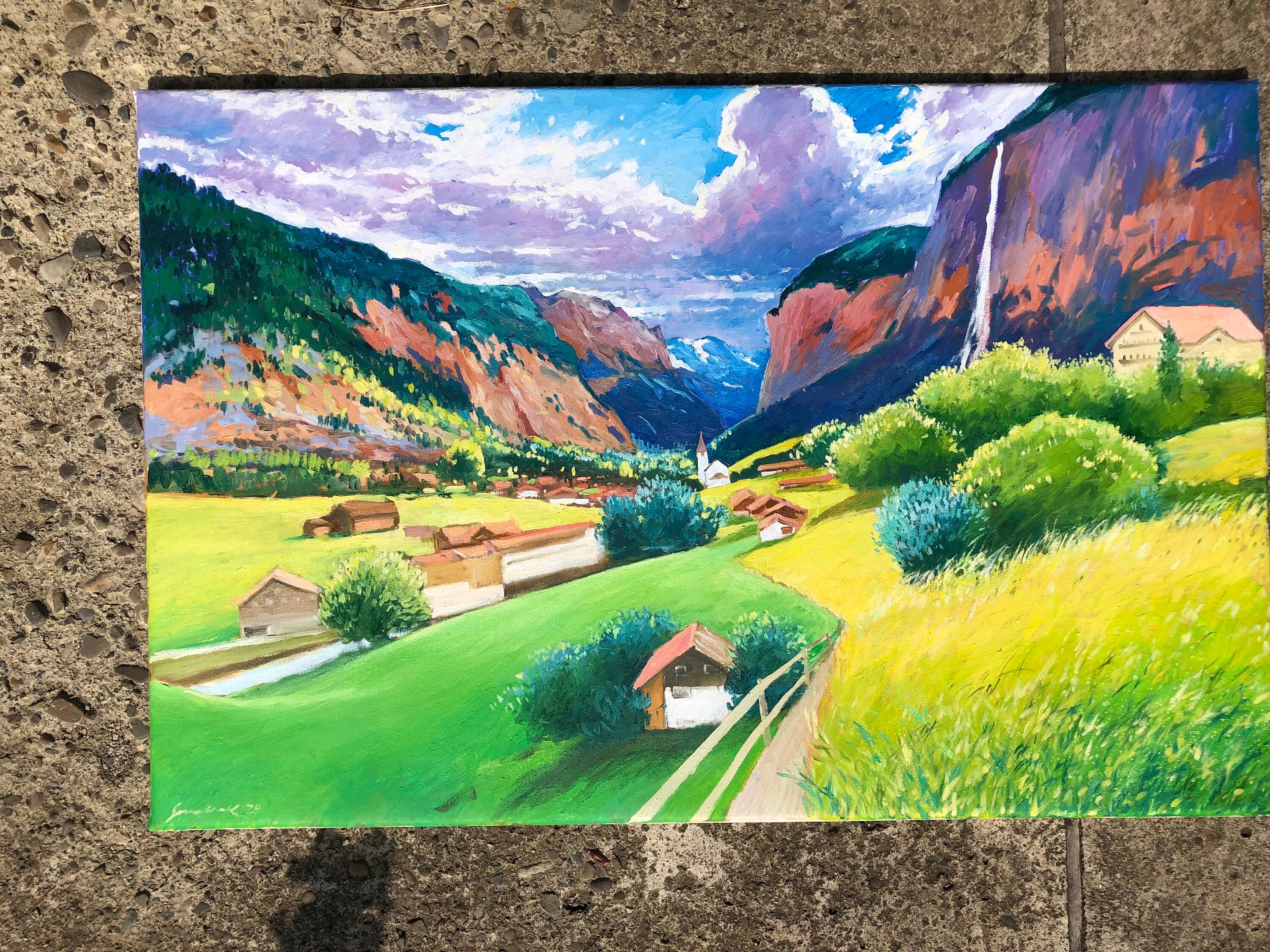 スイスの山村の油絵：キャンバスに描かれたアルプスの印象派 - Etsy 日本