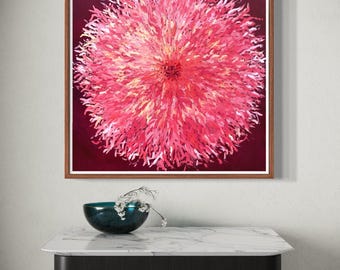 Pink Dahlia Oil Painting on Canvas: Modern Floral Wall Art (32x32 in)