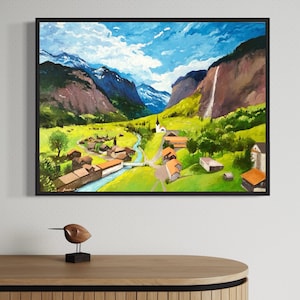 Swiss Mountain Village Landscape Painting, Alpine Charm and Serenity, Mountain Hideaway Tranquil Village Painting in Swiss Alpine Setting