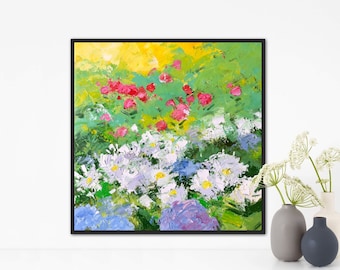Impasto Flower Painting on Canvas: Colorful Meadow Wall Art